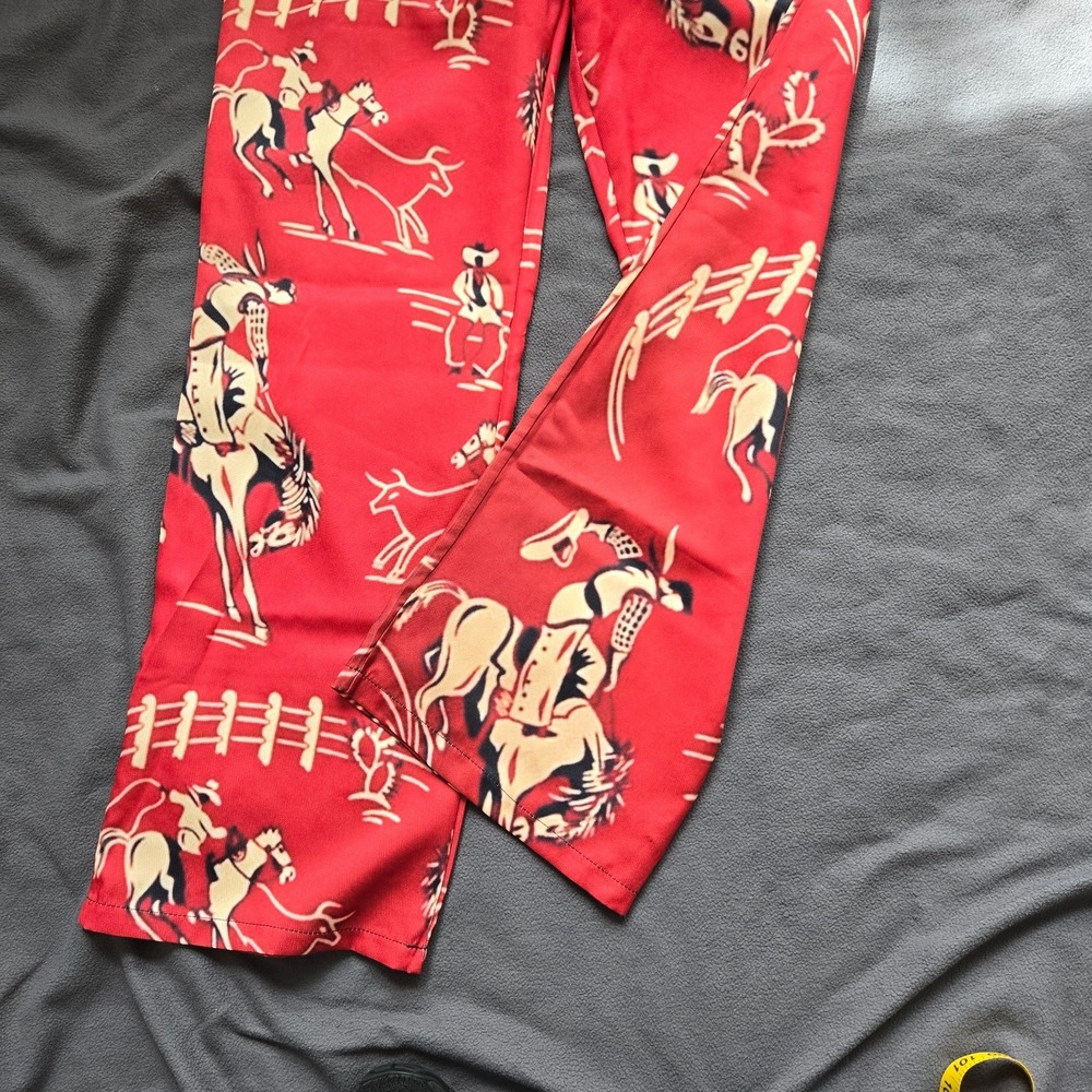 Womens Jeans Style Pants Size 8 Cowboy Scenes on Rust Red Background Handmade